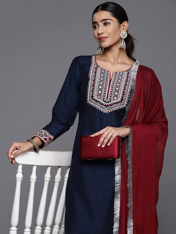 Varanga Women Blue Embroidered Straight Kurta With Bottom And Dupatta